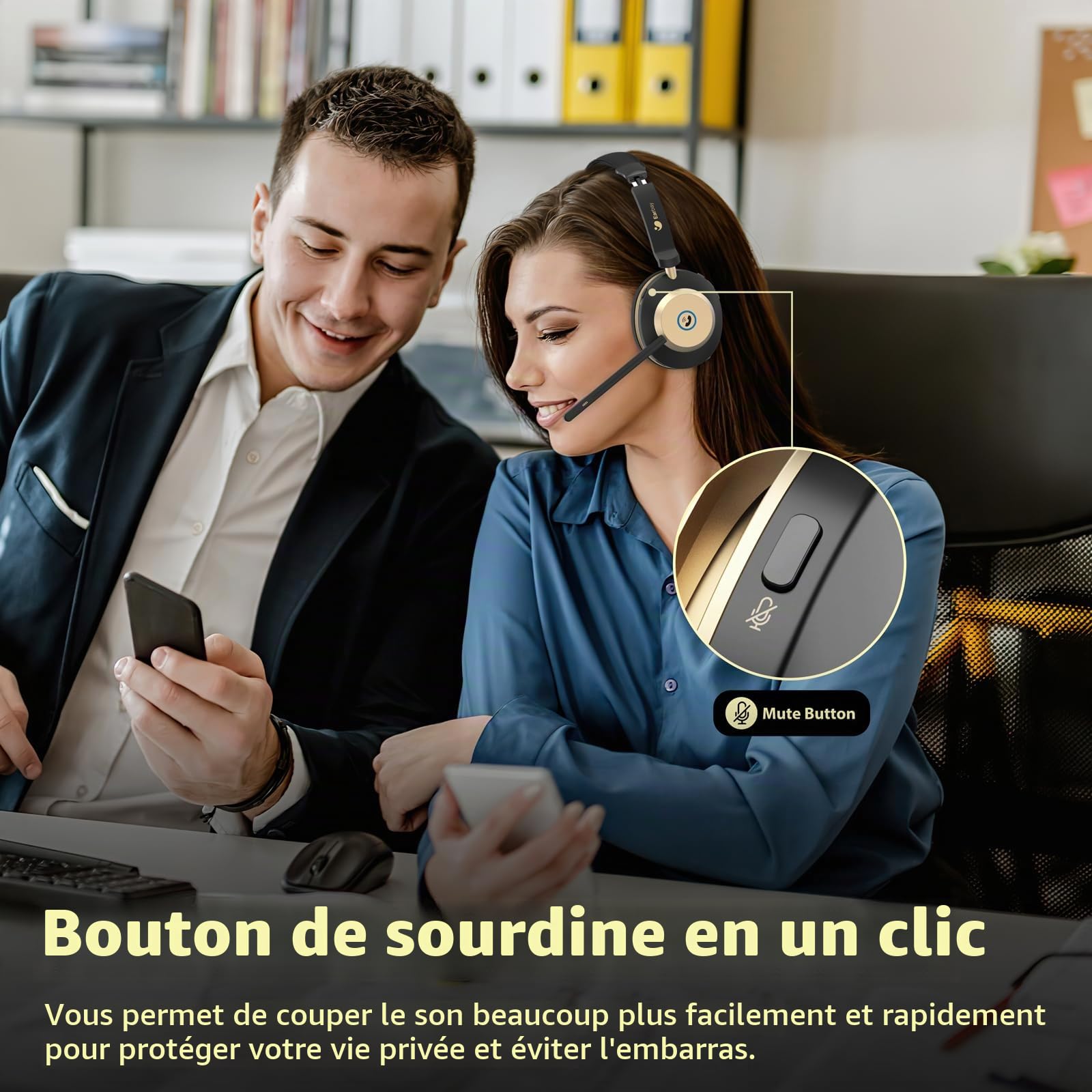 Casque Bluetooth sans fil avec microphone, casque supra-auriculaire avec micro antibruit/mute/station de charge/dongle USB, 45 heures, téléphones portables, équipes Skype Zoom