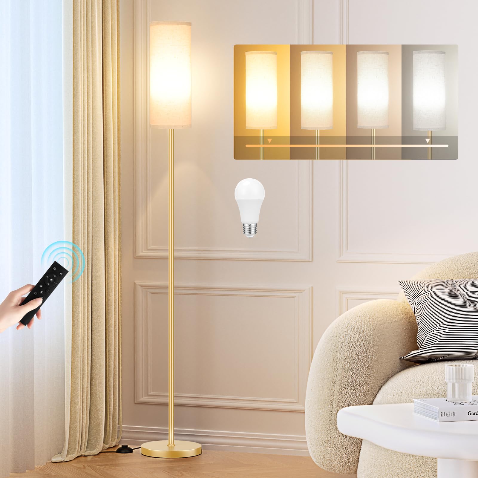 PreeOtti Stehlampe Wohnzimmer, Standleuchte LED Dimmbar Modern mit Fernbedienung, 4 Farbtemperaturen & Stufenlos Dimmbar, Beige Leinenschirm, Leselampe für Wohnzimmer Schlafzimmer Büro