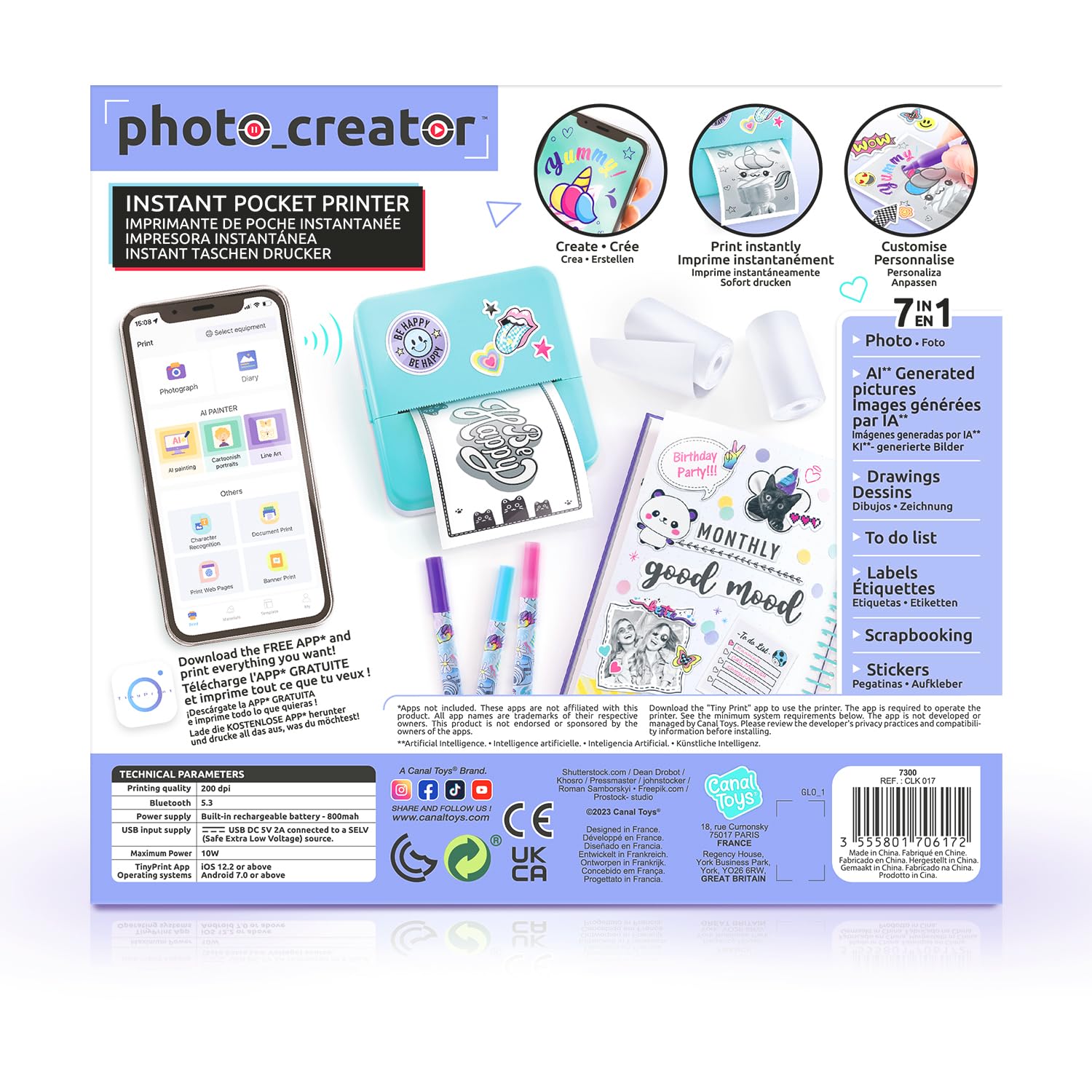 Canal Toys Natychmiastowa kieszonkowa drukarka fotograficzna Creator-termiczna i ekonomiczna drukarka-CLK 017, niebieska