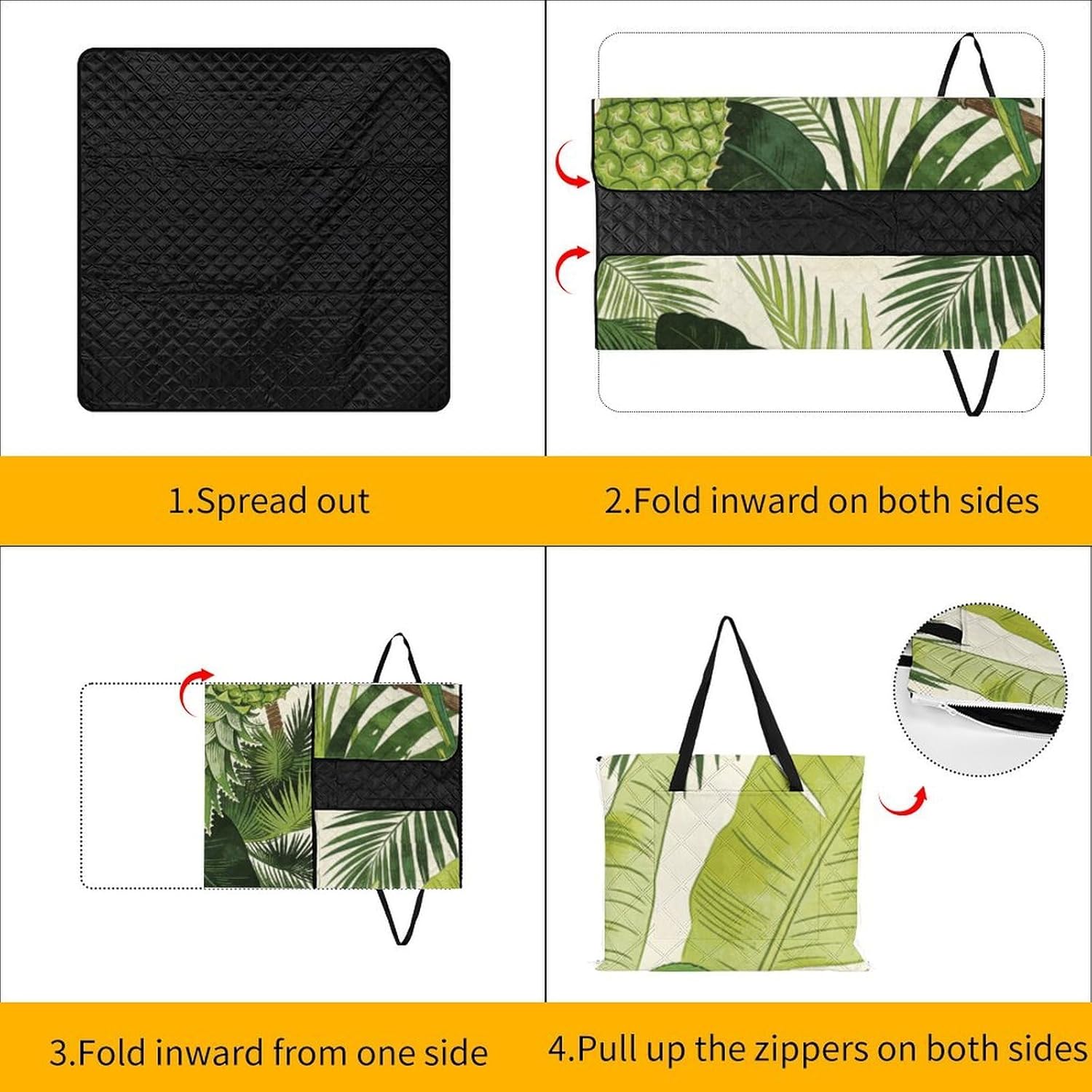 Green Tropical Picnic Blanket with Zipper Water Resistant Sand Free Picnic Mat Washable Foldable Easy Carry Beach Blanket for Lawn Beach Hiking Camping