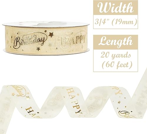 Miniatura 2 de HUIHUANG Rollo de cinta de feliz cumpleaños con estampado dorado, cinta transparente beige, caja de regalo, decoración de fiesta de cumpleaños,
