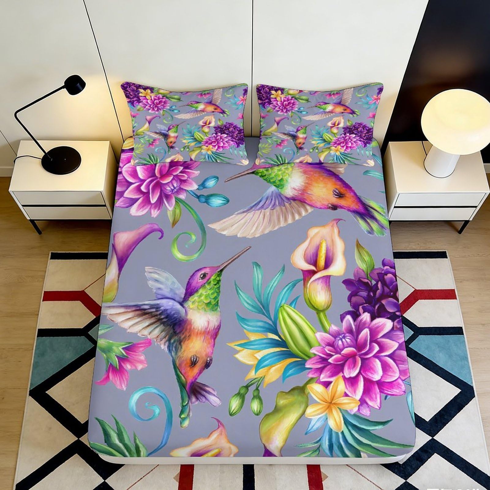 3D Printed Hummingbird Floral Fitted Sheet Microfiber Deep Pocket Hummingbird Floral Mattress Fitted Cover Non-Slip Bedding for Bedroom 180x200x25cm