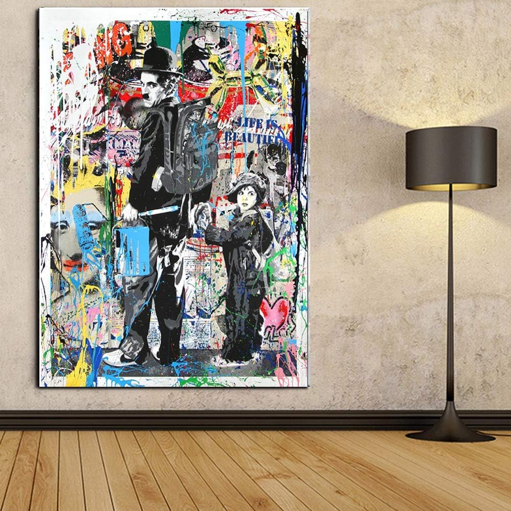 MaxsafeFramed 28 x 40inch Modern Pop Art Canvas,Graffiti Art Prints Colorful Charlie Chaplin Print Modern Wall Art Posters Living Kids Room Decor Home Decorations