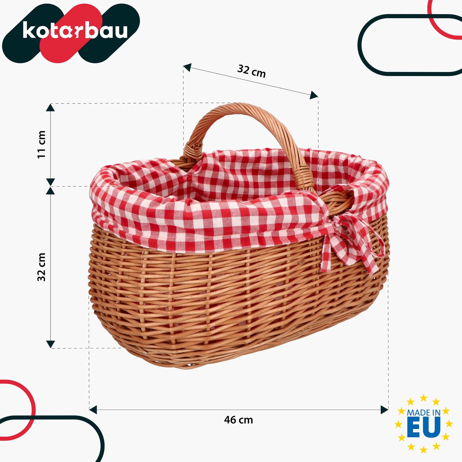 KOTARBAU® Cesta de Mimbre - con Asa - 46 x 32 x 43 cm - Marrón - Cesta Setas - Compra Picnic - con Forro de Tela a Cuadros Rojos - Decorativa - Ligera