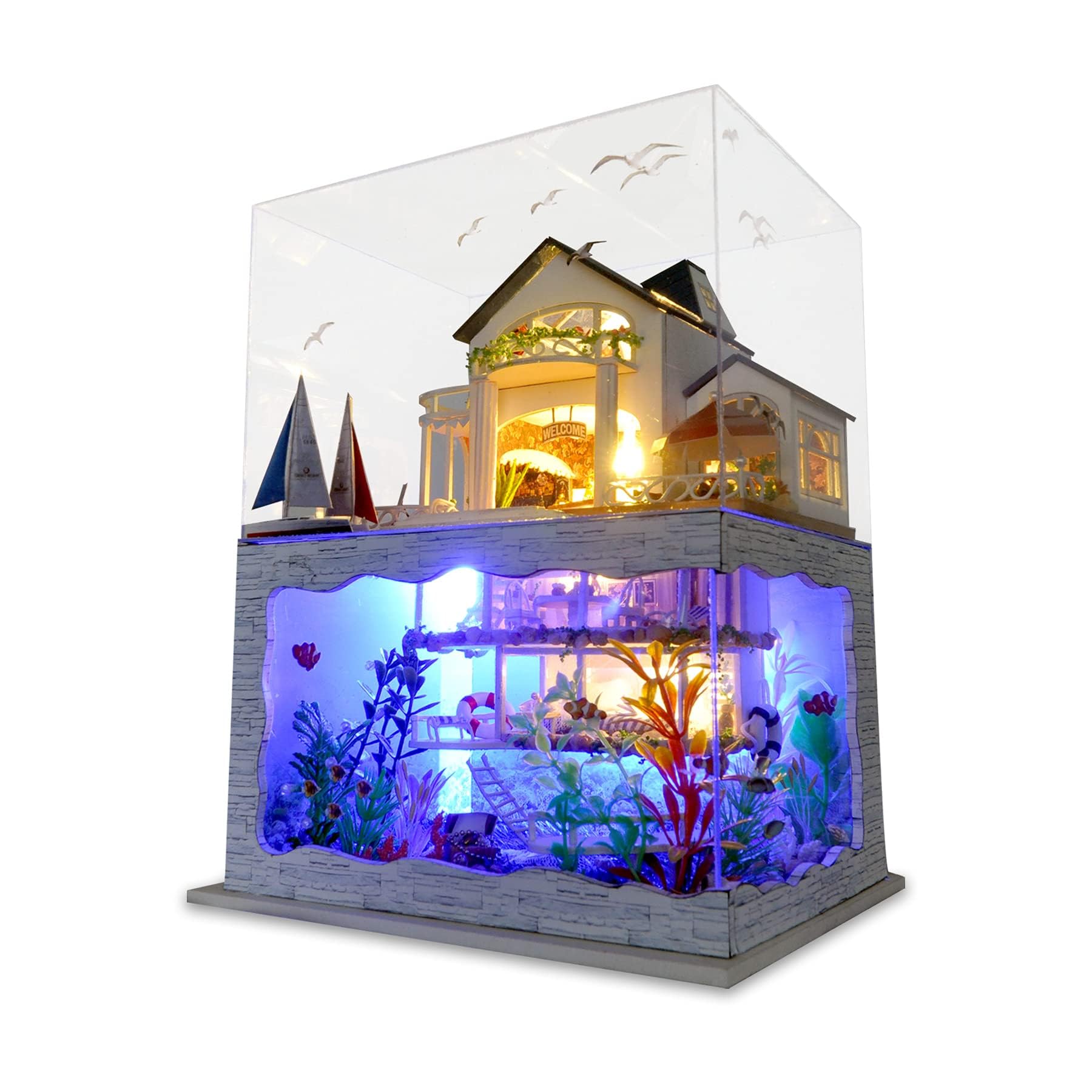 ELECDON DIY Miniature Dollhouse Kit – 1:24 Scale Modern Villa Beachside Bungalow with Furniture, LED Lamp, Dust Cover – Handmade Craft Gift for Kids, Birthday, and Home Decor (Hawaii Impression)