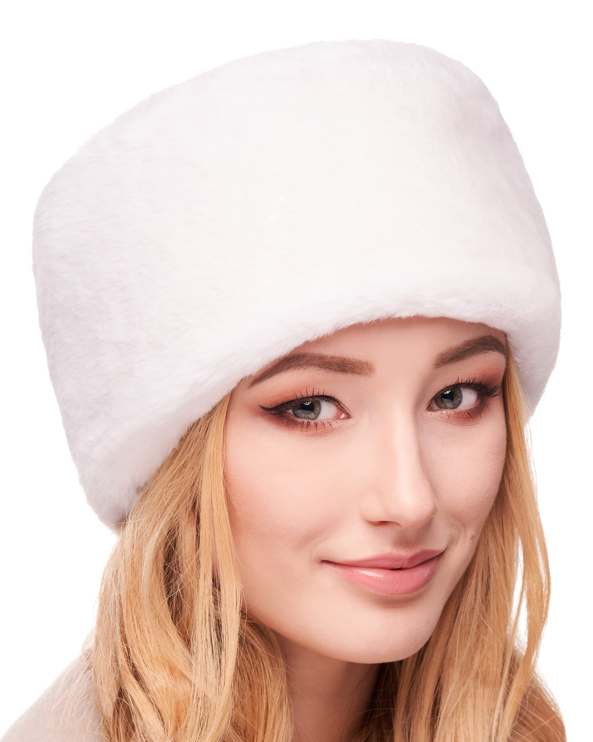 Futrzane Modern Cossack Hat - Ladies Faux Fur Hats - Soft Winter Hat for Women (M, White Modern)