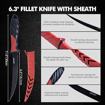 Goture Fishing Tool Kit,Fishing Pliers,Fillet Knife with Sheath,Fish Lip Gripper,Fish Hook Remover,Lanyard,Line Scissors,Sharpener,Stainless Steel Soap,Saltwater Gear Kit,Red/Pink,Gifts for Men/Women
