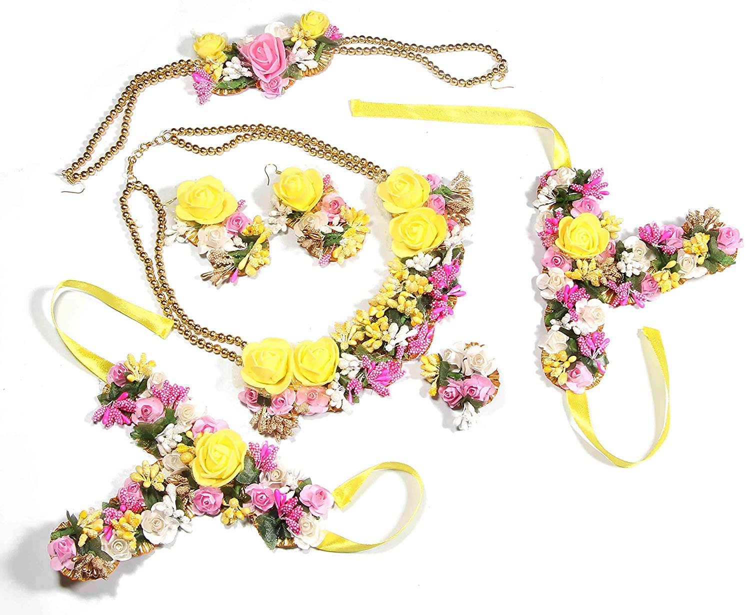 IJYA Sihan Handicrafts Pink Gota Patti Flower Jewellery 6 Pc Set For Haldi Baby Shower Mehndi Godbharai Sangeet Set For Women Girls Bride