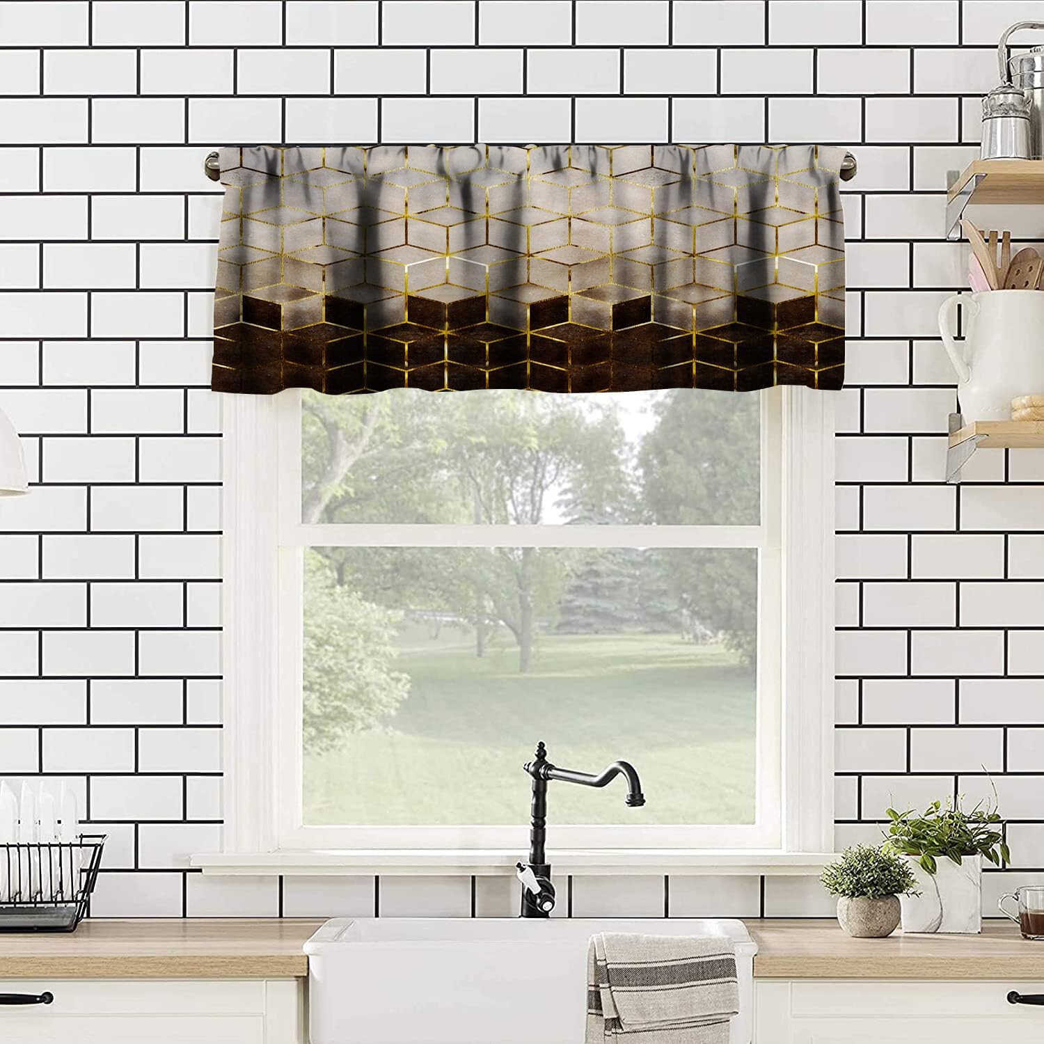 Coffee Kitchen Curtains Sets, Cafe Coffee Theme Valance for Kitchen Windows, Tea Party Coffee Bean Print Small Short Curtains Window Treatments Valance Sets for Kitchen Cafe, 54x36 Inch, 3 Piece