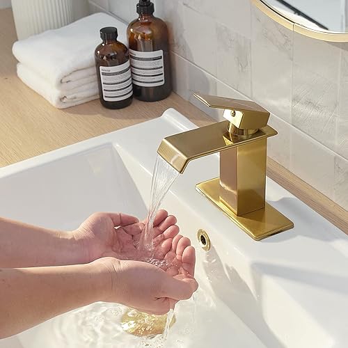 Miniatura 5 de BATHLAVISH Grifo de baño de oro cepillado cascada moderno de un solo agujero fregadero de tocador con desagüe desplegable con piezas de