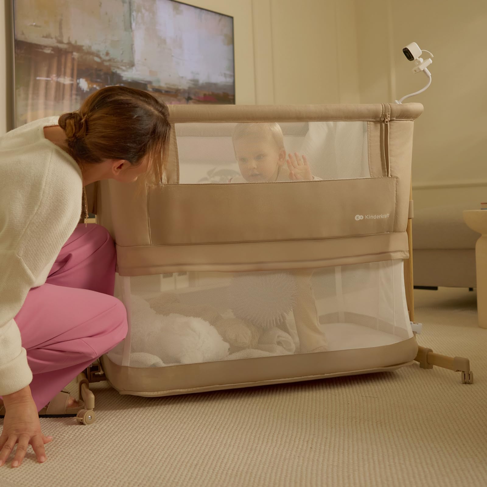 Kinderkraft NESTEE GROW 2 lettino da affiancare 3 in 1, lettino per neonato e letto per bambino, 5 livelli di altezza, materasso incluso, ruote con blocco, pieghevole, Grigio Chiaro