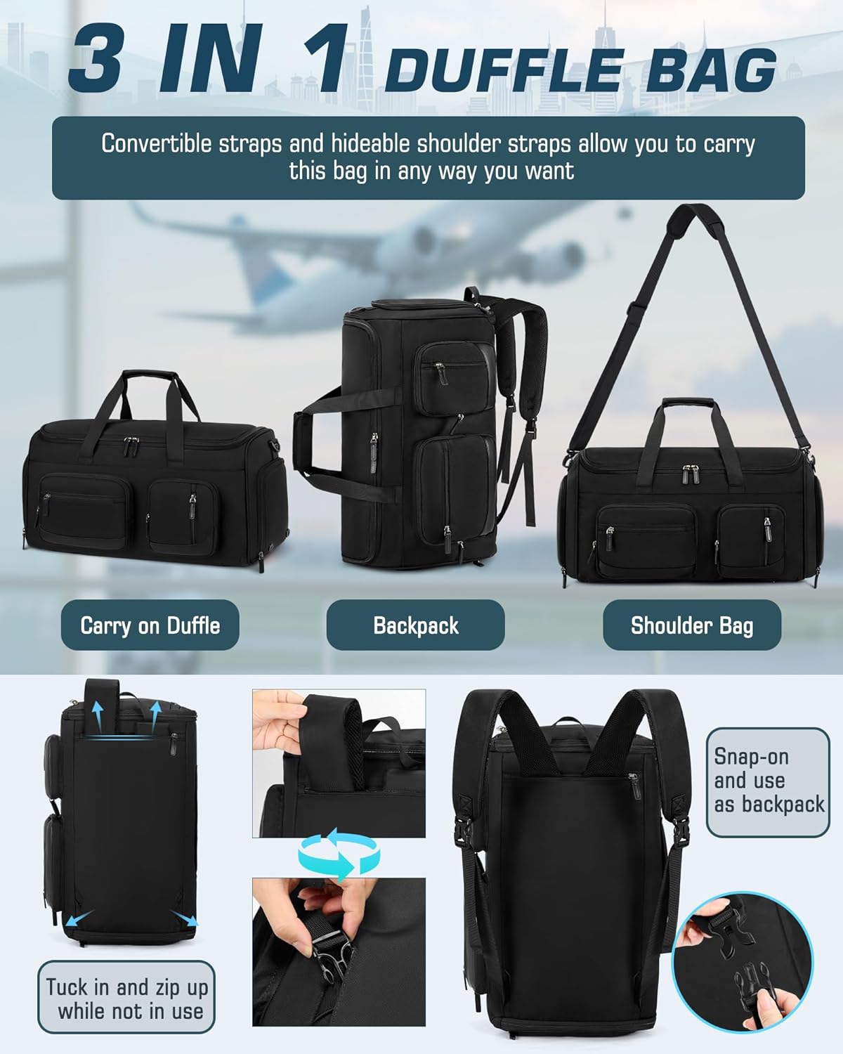 RAINSMORE Convertible Garment Bags for Travel, 45L Garment Duffle bag for Hanging Clothes, 3 in 1 Suit Travel Bag for Business Trips with Shoulder Strap, Carry On Suit Luggage for Men Women, Black - Image 3