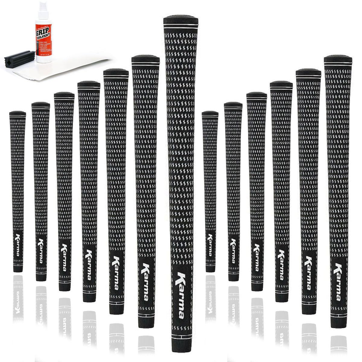 Karma Kit di impugnature da golf in velluto con strisce a nastro, solvente per presa, morsetto in gomma, 13 impugnature nere di medie dimensioni in gomma vellutata + impugnature da golf di ricambio