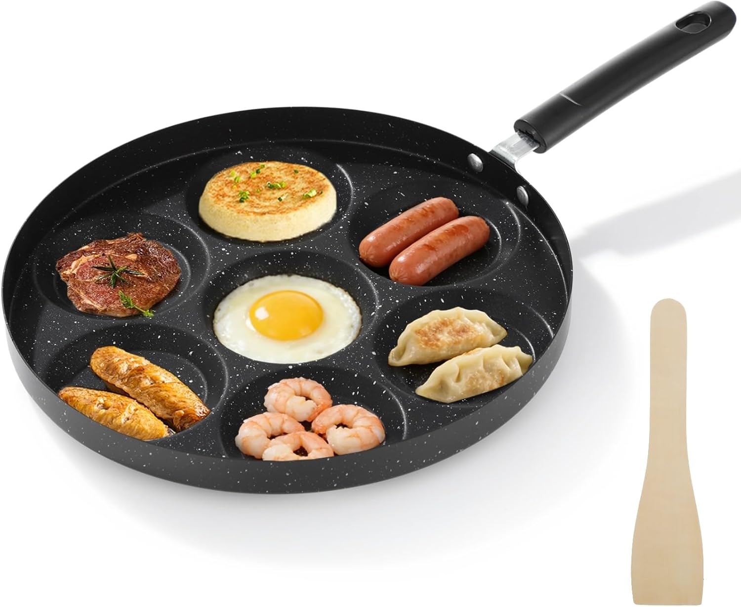 Egg Frying Pan with Anti-scalding Handle, Black Metal Nonstick Maifan Stone Coating Breakfast Frying Pan, Versatile Cooking Tool for Induction Cooker, Gas Stoves (7-Slot Egg Frying Pan)