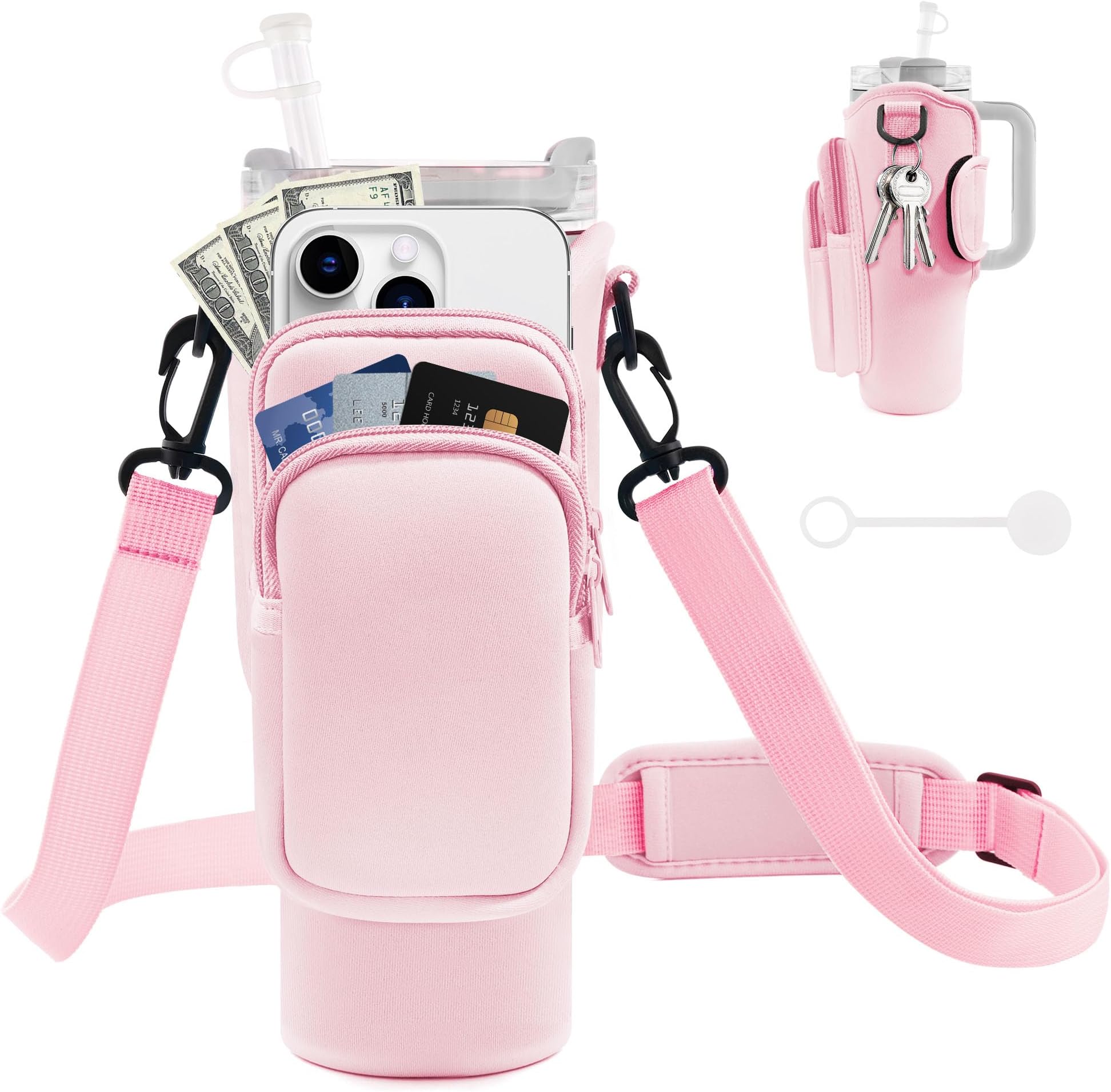 JEBEALUO Water Bottle Carrier Bag with Phone Pocket for Stanley Cup 40/30 oz, Water Bottle Holder with Adjustable Strap& Straw Cover, Stanley Cup Accessories