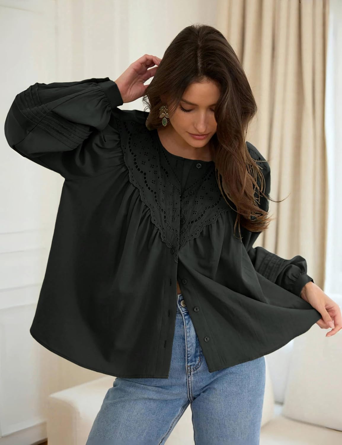 Dqbeng Womens Boho Button Down Blouse Lace Trim Lightweight Long Sleeve Eyelet Embroidered Casual Spring Tops - Image 2