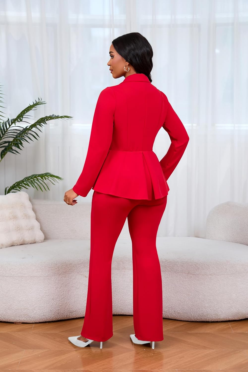 Kafiloe Women Elegant 2 Piece Outfits Solid Long Sleeve Peplum Top Flared Pants Set Dressy Blazer Pant Suits - Image 6