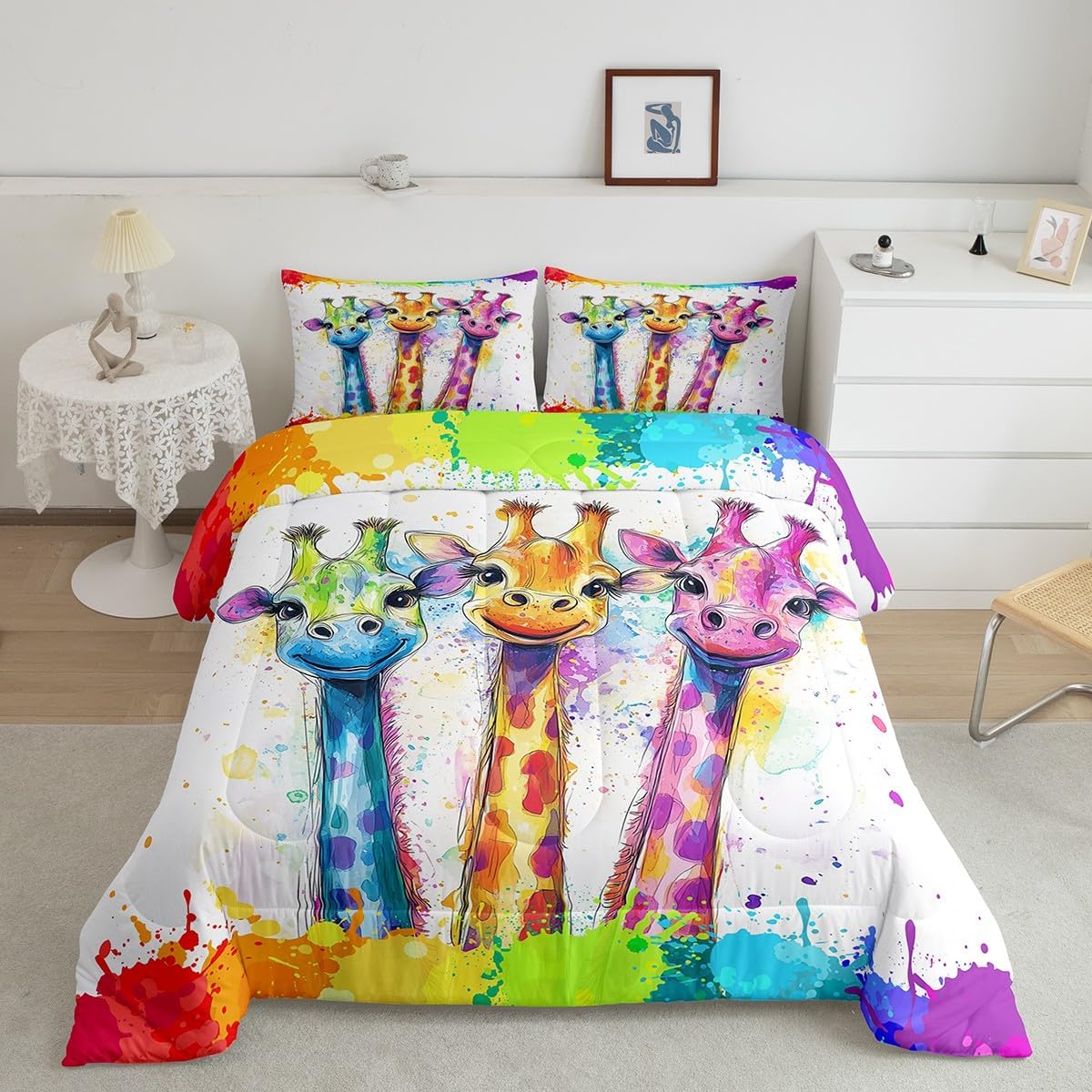 Manfei Watercolor Giraffe Comforter Set for Kids Adults,Rainbow Paint Graffiti African Wildlife Bedding Comforter Sets Full,Hand Drawm Animals Cartoon Quilt Comforter with 2 Pillowcases