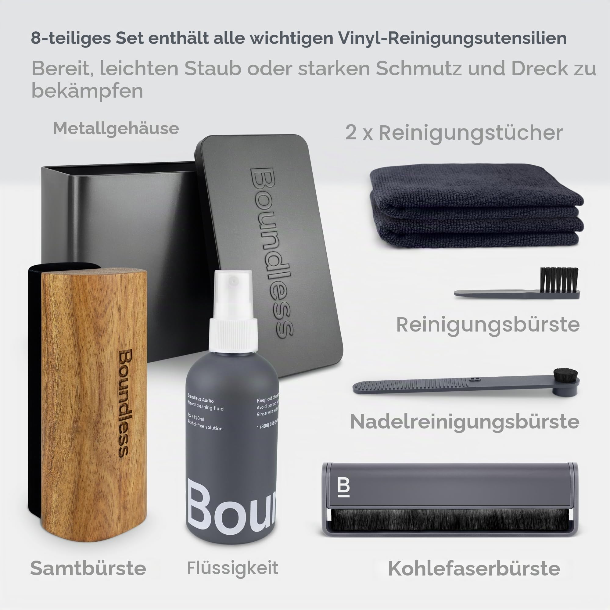 Boundless Audio Schallplatten-Reinigungsset – 8-in-1-Vinyl-Reinigungsset enthält Kohlefaser- und Samtschallplattenbürsten, Stylusbürste, Vinyl-Reinigungslösung, Mikrofasertücher und Metalletui