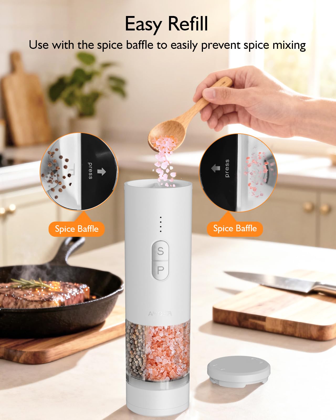 AMOSA Moulin à Poivre Électrique 2 en 1 Double Réservoir, Double Meule en Céramique USB Rechargeable avec Lumière LED Blanc