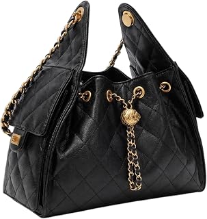 Women’s Quilted Drawstring Shoulder Bag - Designer Style Bucket Bag - Chain Strap Hobo Handbag - Luxury Tote Bag