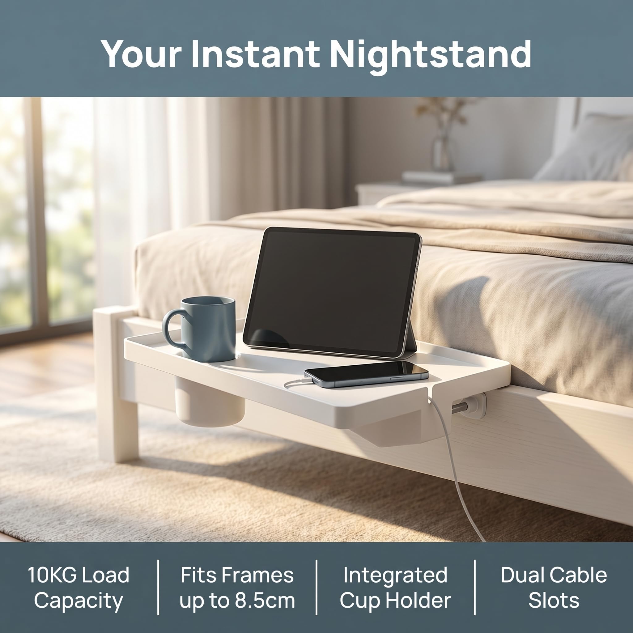 Table De Chevet Suspendue pour Lit Grande Table De Nuit Fixe sur Cadre 43x29,5 Cm avec Support De Verre Et Passe-Câbles Plateau Lit pour Smartphone Blanc