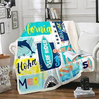 Manfei Abstract Summer Bed Throws for Kids Surfer Shark and Dolphin Decor Flannel Fleece Blanket for Couch Sofa Bright Colors Throw Blanket Lightweight Fuzzy Blanket, Twin Size (60 x 80 Inches)