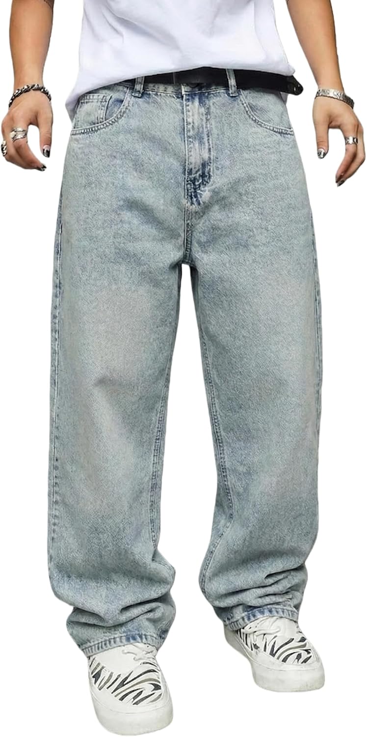 Men's Non-Stretch Loose Fit Wide-Leg Baggy Jeans Pants