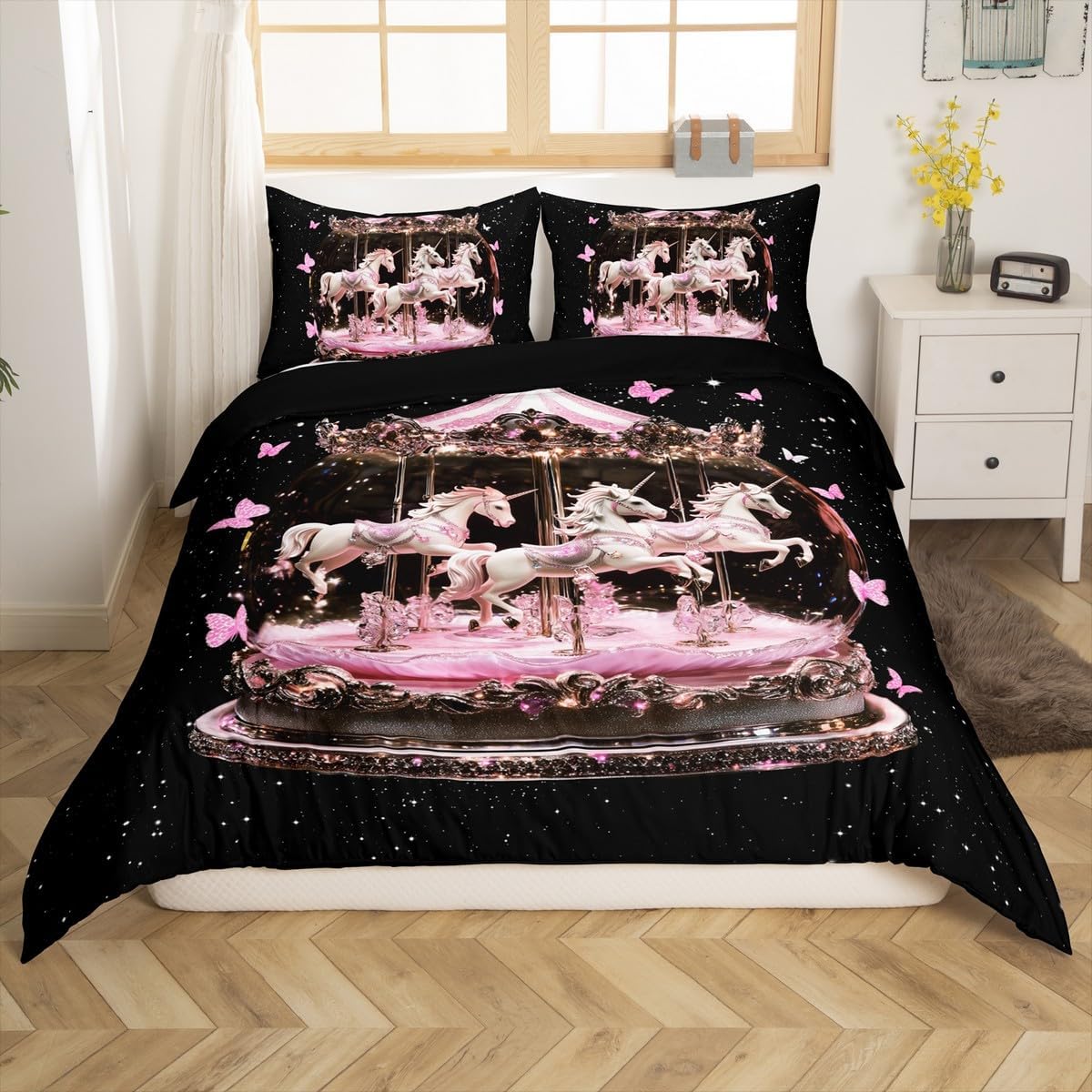 Carousel Bedding Set Queen Size,Dreamy Unicorn Animals Duvet Cover Set 3Pcs for Kids Girls Boys Teens Room Decor,Pink Butterfly Comforter Cover Dreamy Princess Girly Quilt Cover,2 Pillowcases