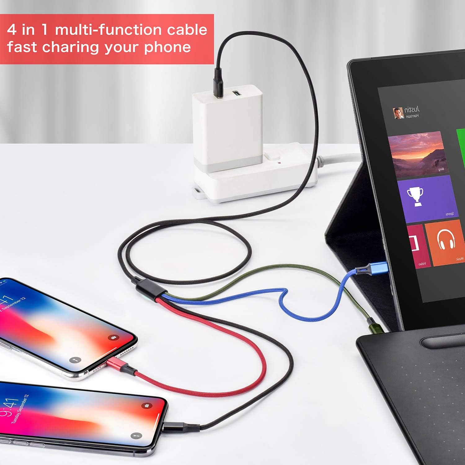 Multi USB Fast Charger Cord 3.5A, Minlu 4-in-1 Charging Cable with Dual Phone/USB-C/Micro-USB Port Adapter Compatible with Cell Phones/Tablets/Samsung Galaxy/Google Pixel/Sony/LG/Huawei(6Ft/2Pack) : Cell Phones & Accessories