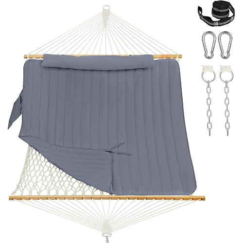 Lazy Daze Hammocks Rope Hammock with Pad, Spreader Bar, Carabiners, Tree Straps, Chains for Outside Patio- Max 450 Lbs, Grey