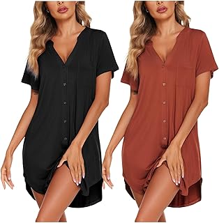 Ekouaer 2 Pack Nightgowns for Women Button Down Sleep Shirts V Neck Night Shirts Night Gowns