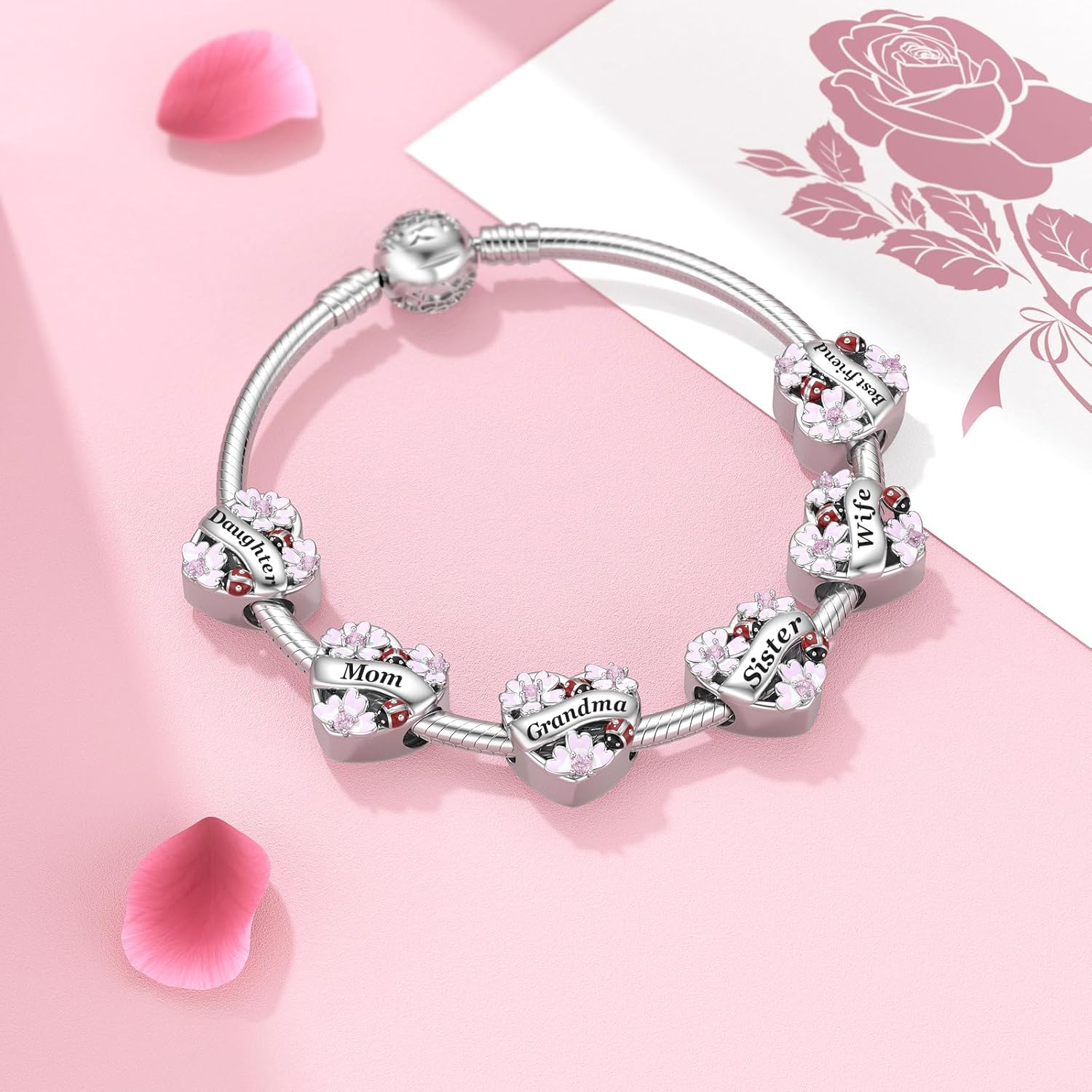 JIAYIQI Heart Love Charms for Mom Grandma Daughter Sister Friend Wife Fit Bracelet 925 Sterling Silver Daisy Ladybug Charm Bead Valentine's Day Mother's Day Birthday Christmas Jewelry for Women - Image 6