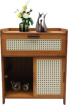 Nightstand with Rattan Drawer & Shelf, Bamboo Bohemian Bedside Tables Sofa Side End Table Side Tables for Small Spaces Bedroom Living Room Brown