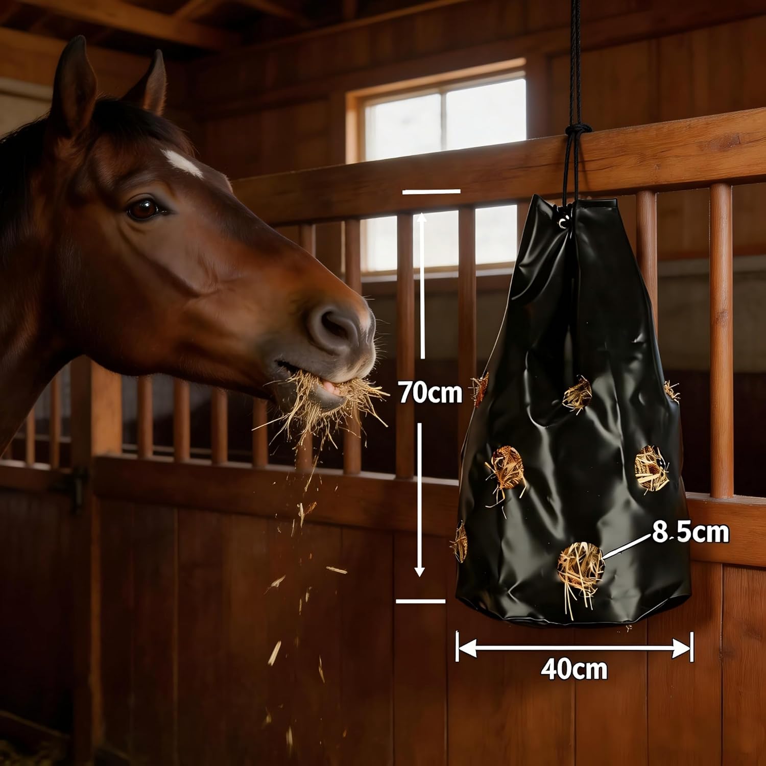 Hay Bag for Horses,Slow Feed Hay Bags for Goats,Sheep,Donkey,Cows, Alpacas and Ostriches, Premium PVC Waterproof Horse Feeder with 9 Holes, Easy to Fill and Hang with Large Opening