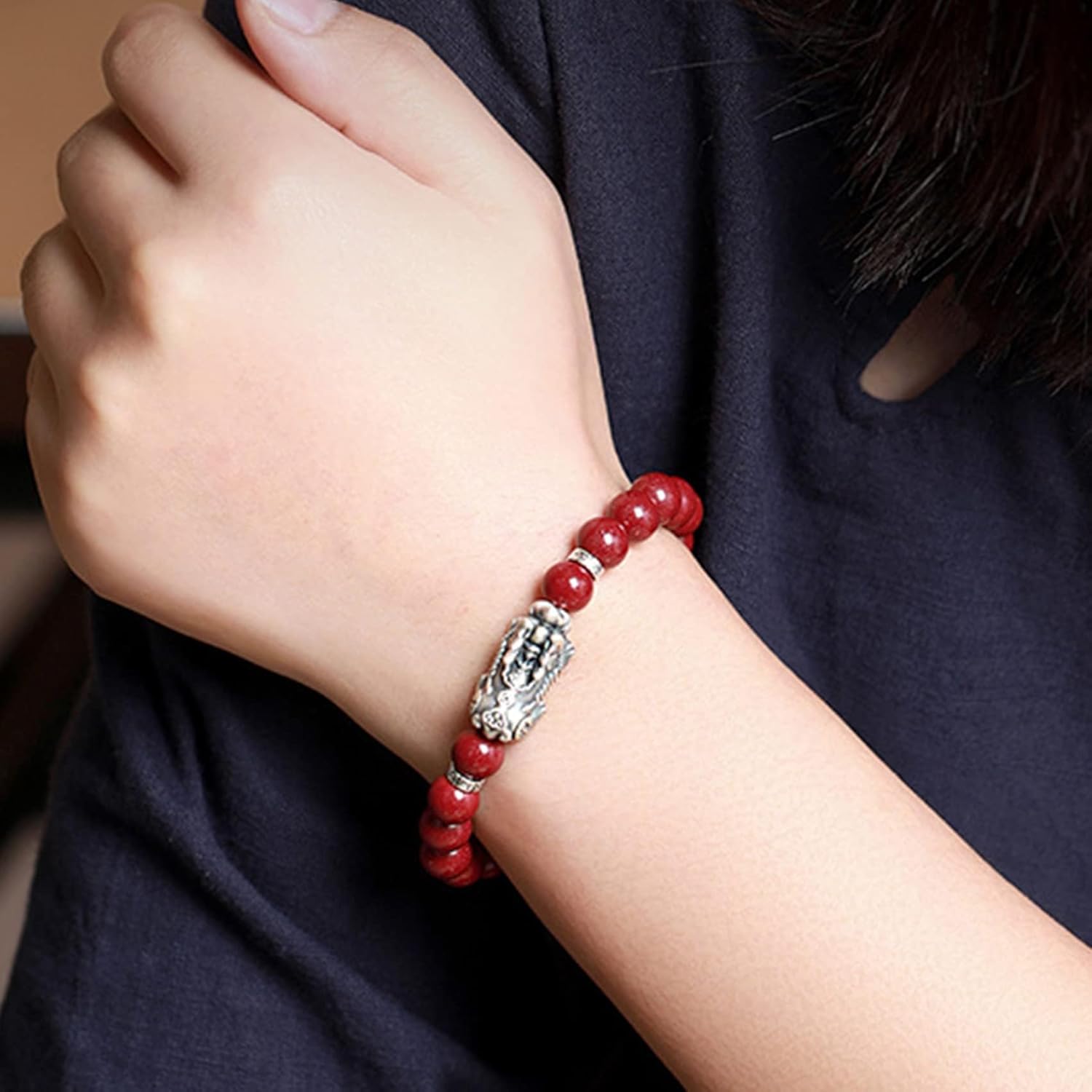 Pixiu Wealth Bracelet Natural Stone Cinnabar Bracelet 6/8/10/12mm Round Beads Bracelet for Women Men 925 Sterling Silver Pi Yao Bracelet Amulet Crystal Quartz,10mm (Color : Quartz