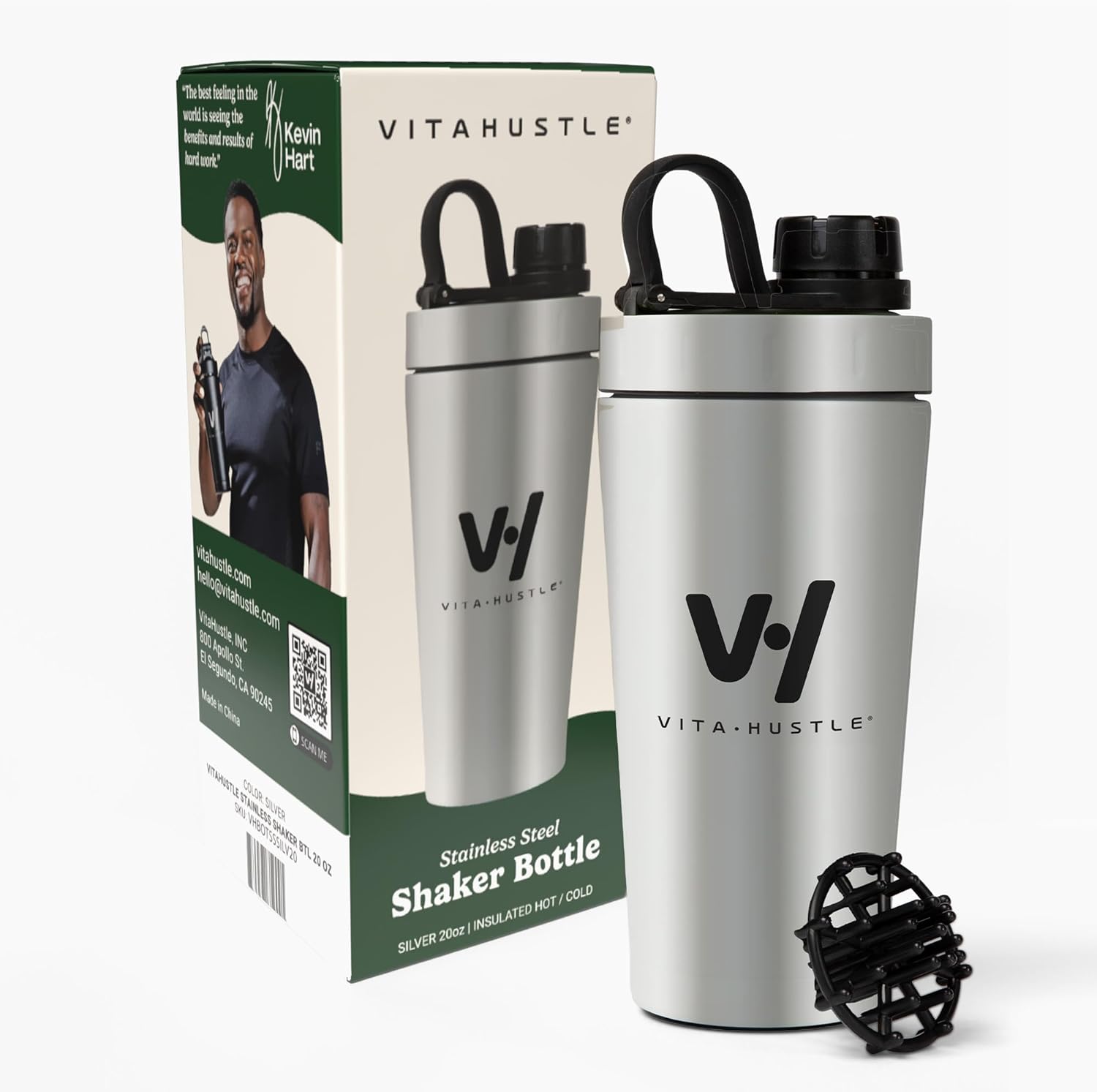 VitaHustle Stainless Steel Shaker Cup with Twist Cap, Leakproof, Blender Ball, Perfect for Protein Shakes or Post Workout, Fits Car Cup Holder, BPA Free, 20 oz (Black)