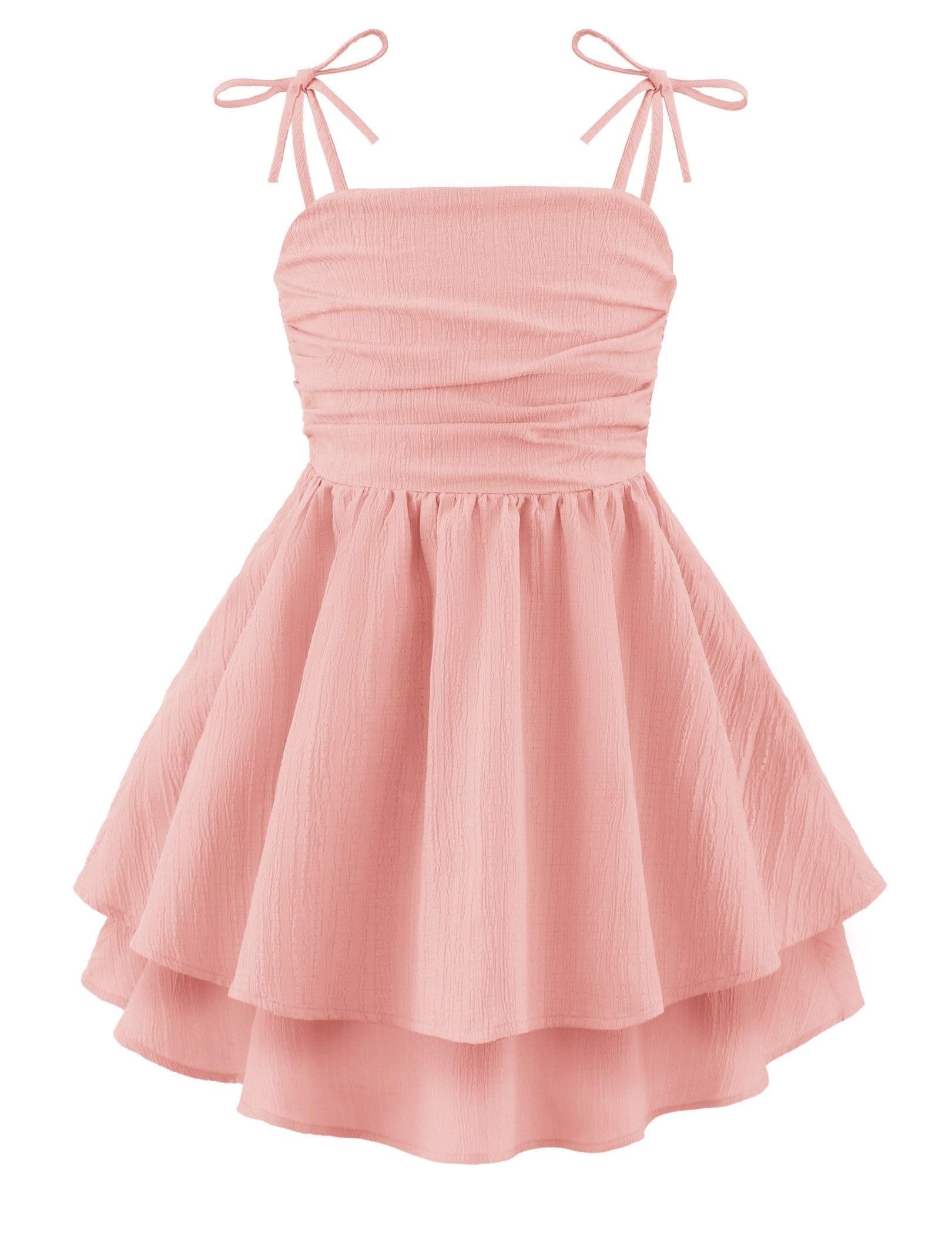 Arshiner Girls Summer Spaghetti Strap Dresses Flowy Tiered Ruched Smocked Back Casual Beach Midi Sundress