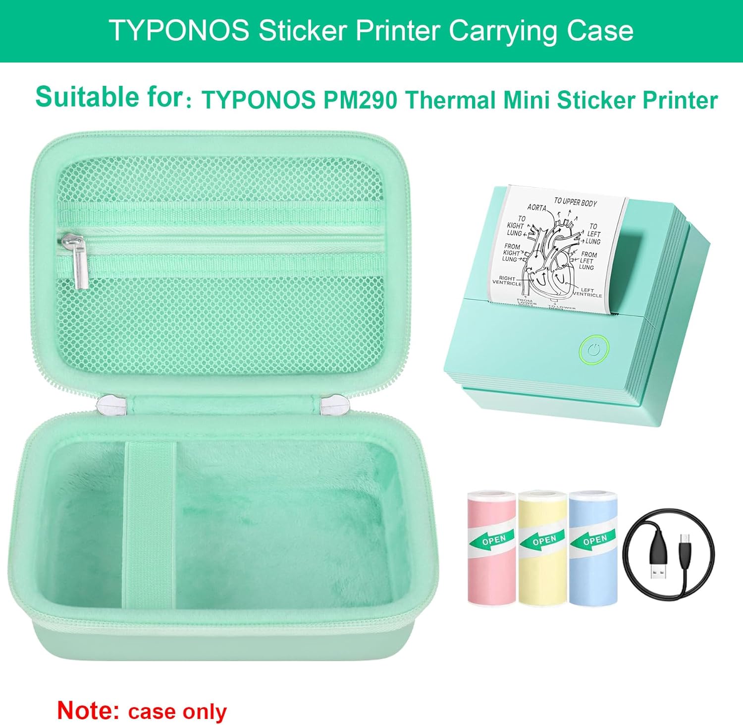 Elonbo Carrying Case for TYPONOS/ETIKEZ/Rotema/Vawense Sticker Printer, PM290 Portable Mini Printer, Inkless Bluetooth Label Maker Machine Travel Bag, Thermal Photo Printer Storage Holder, Green
