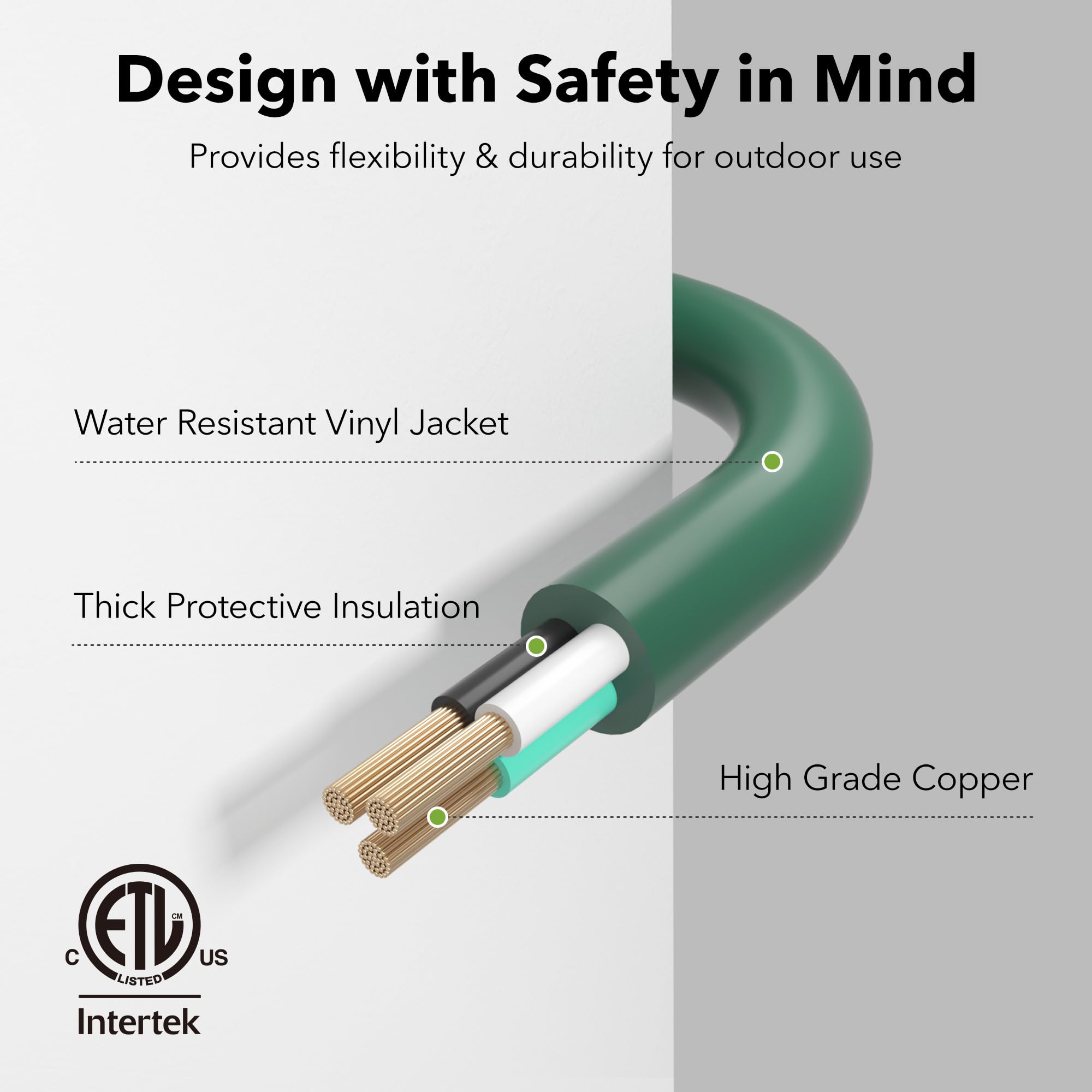 BN-Link Cable de Extensión para Exteriores, Divisor 1 a 3, extensión máxima de 24 pies (36 pies en Total), 16/3 SJTW Resistente, Verde, Conexión a Tierra, para Iluminación y Decoraciones, ETL