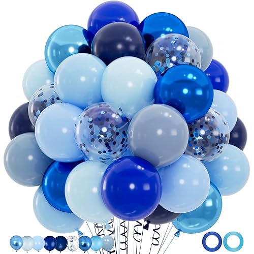 100pcs Blue Balloons Set - 12inch Metallic Chrome, Pearl, Navy & Pastel Royal Dusty Blue Balloons for Birthdays, Father's Day, 2025 Graduation Party Decorations (2 Ribbons)