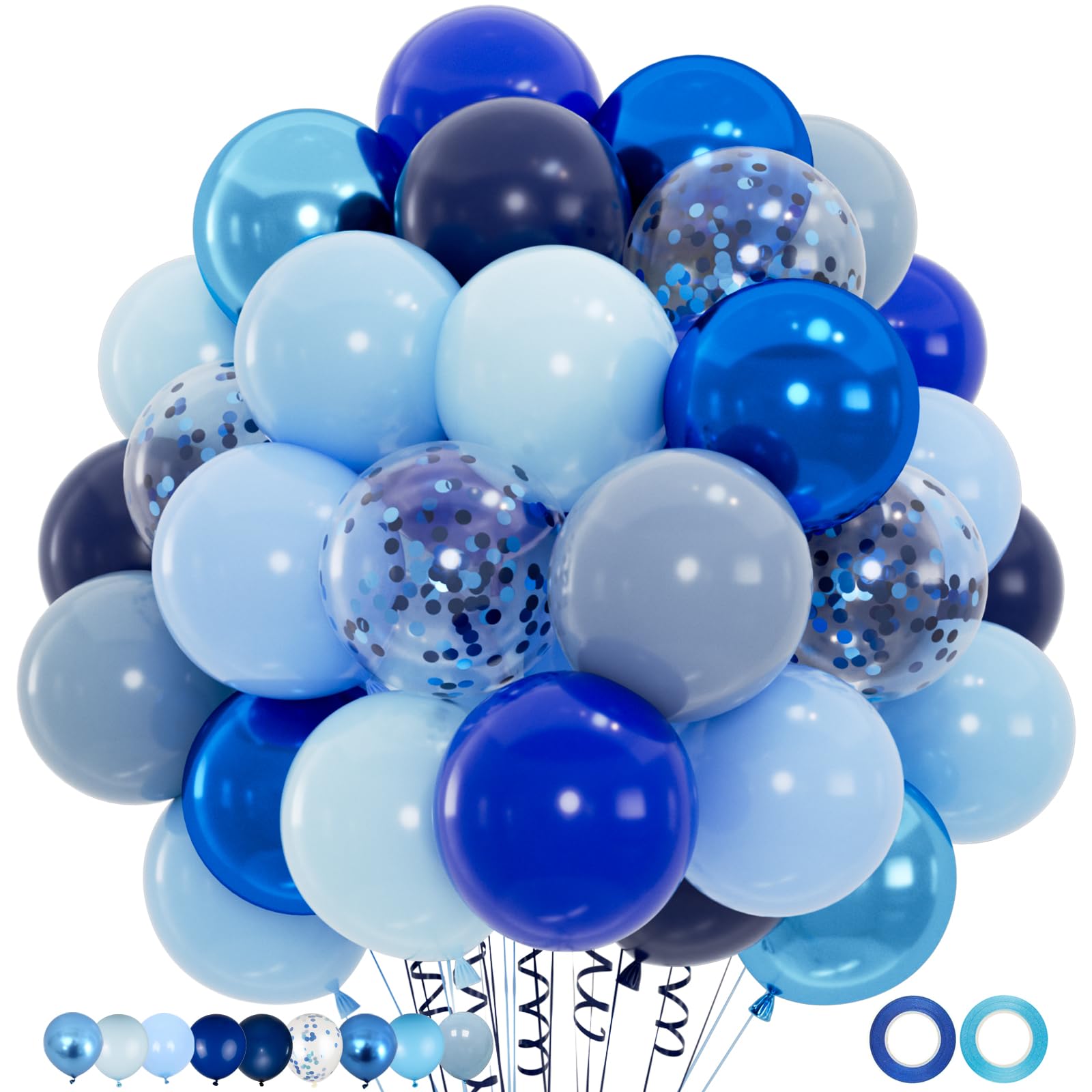 100pcs Blue Balloons Set - 12inch Metallic Chrome, Pearl, Navy & Pastel Royal Dusty Blue Balloons for Birthdays, Father's Day, 2025 Graduation Party
