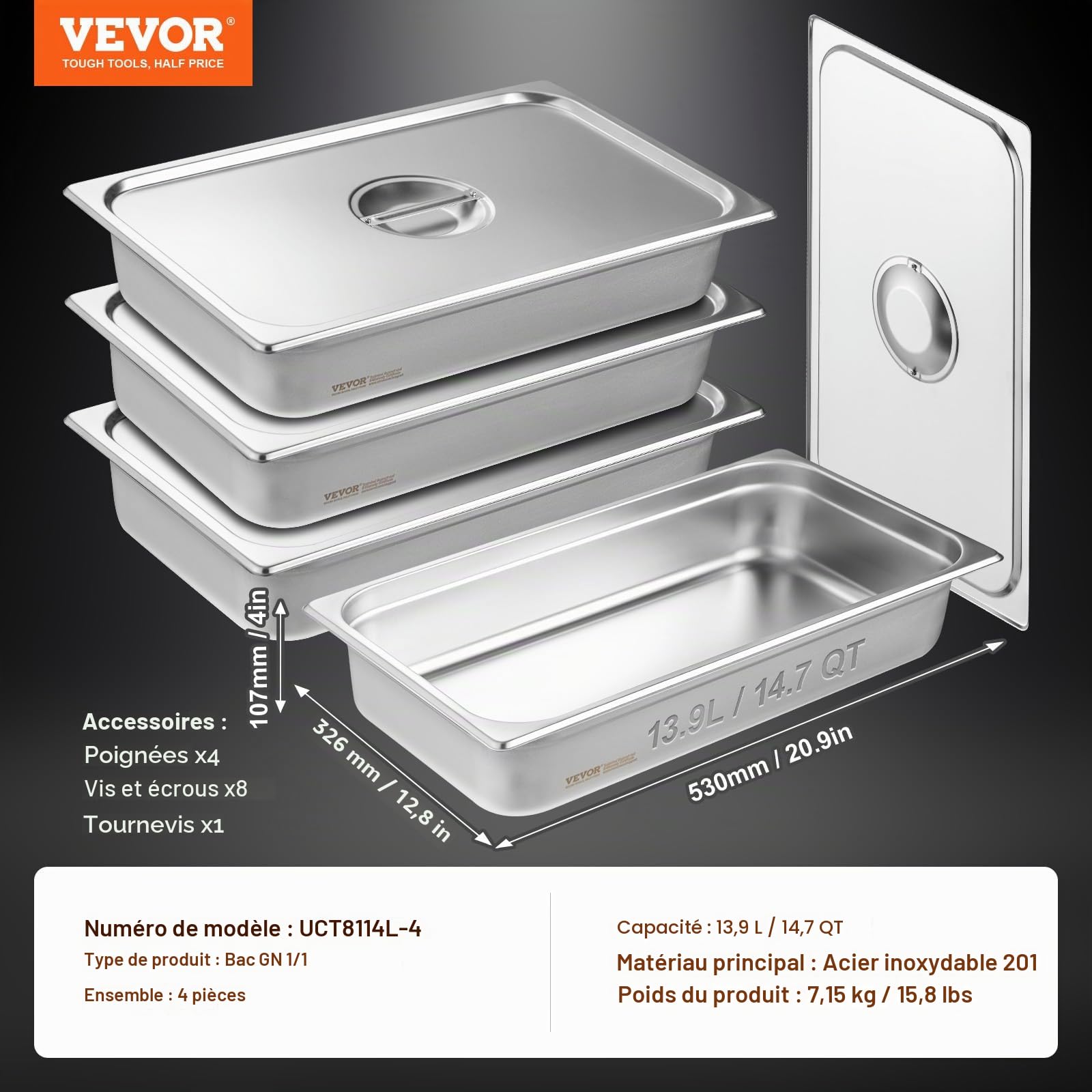 VEVOR Bac Gastronorme GN 1/1 Lot de 4, Récipient Inox pour Bain-marie 0,8 mm d'Épaisseur, Bac Inox Alimentaire avec Couvercle 10,7 cm de Profondeur, pour Chauffe-plats, Stockage, Restauration