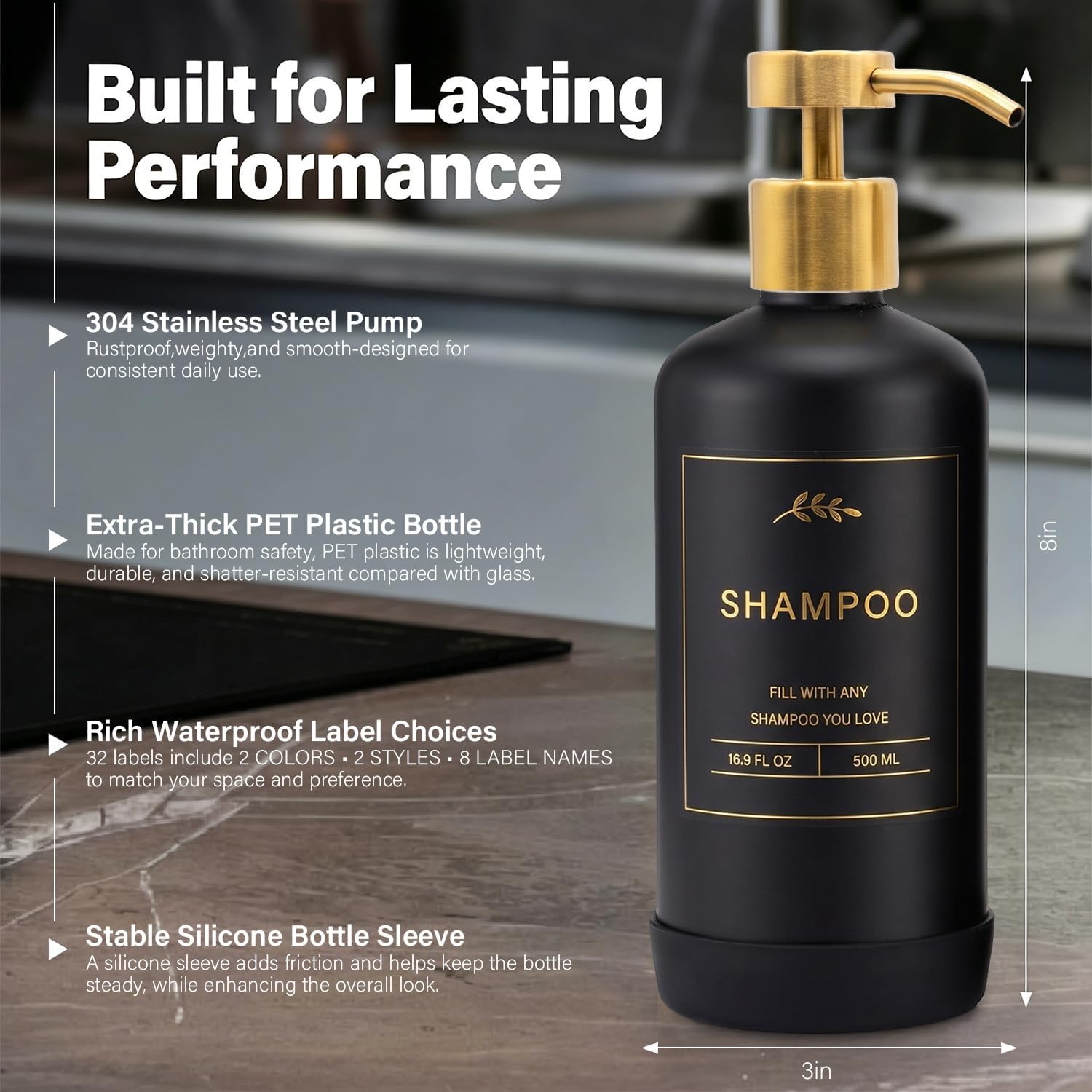 Prus Waso Shampoo Dispenser for Shower, Shower Bottles, Bathroom Shower Dispensers with Gold Stainless Pumps, 3 Plastic Refillable Shampoo Bottles and 32 Labels (Black & Gold)