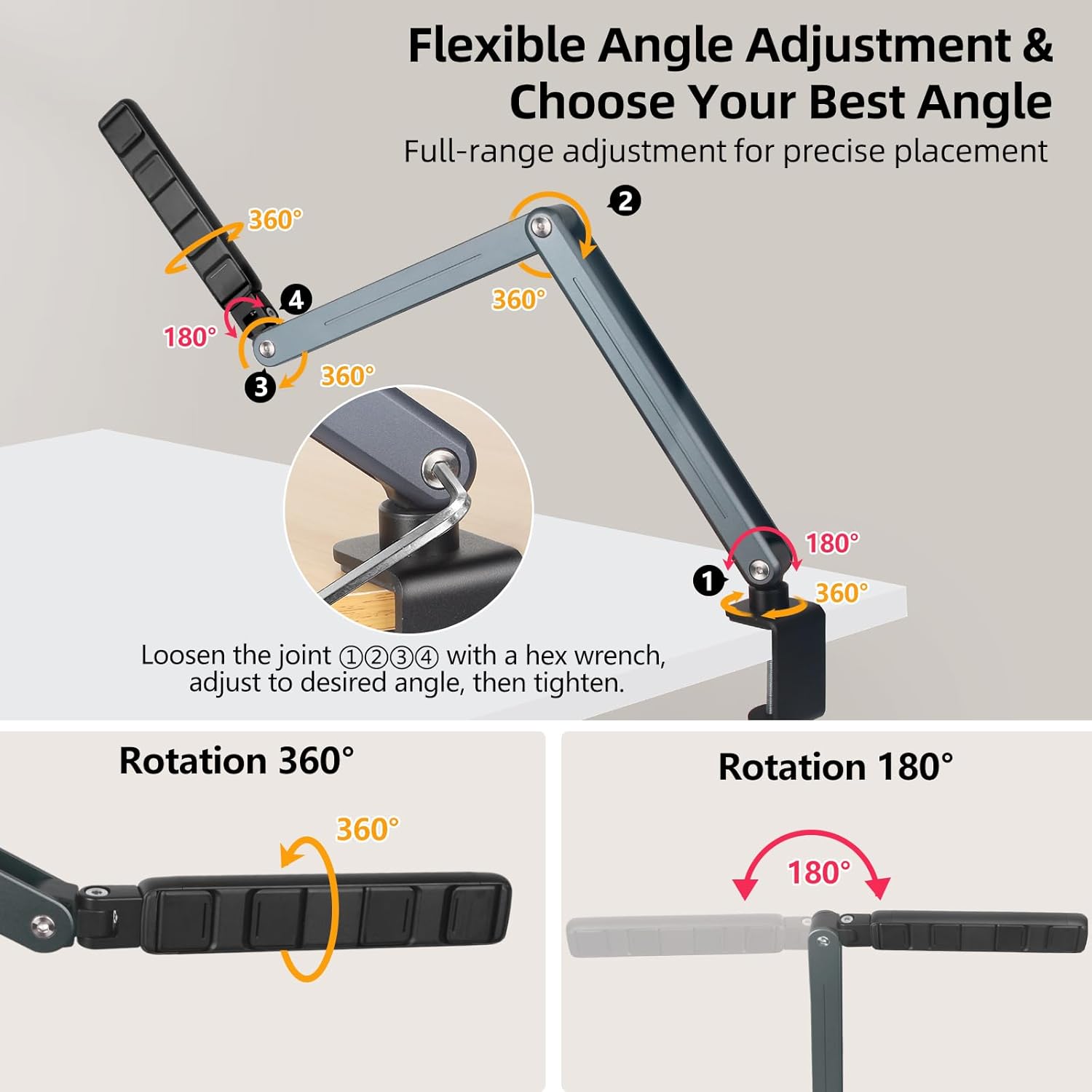 Tablet Stand for Desk, Cell Phone Stand, Adjustable iPad Holder Clamp Mount 360° Rotation Sturdy Aluminum Tablet Arm Mount for iPad Pro/Air/Mini, iPhone, Galaxy Tab, for Kitchen Work Video Call