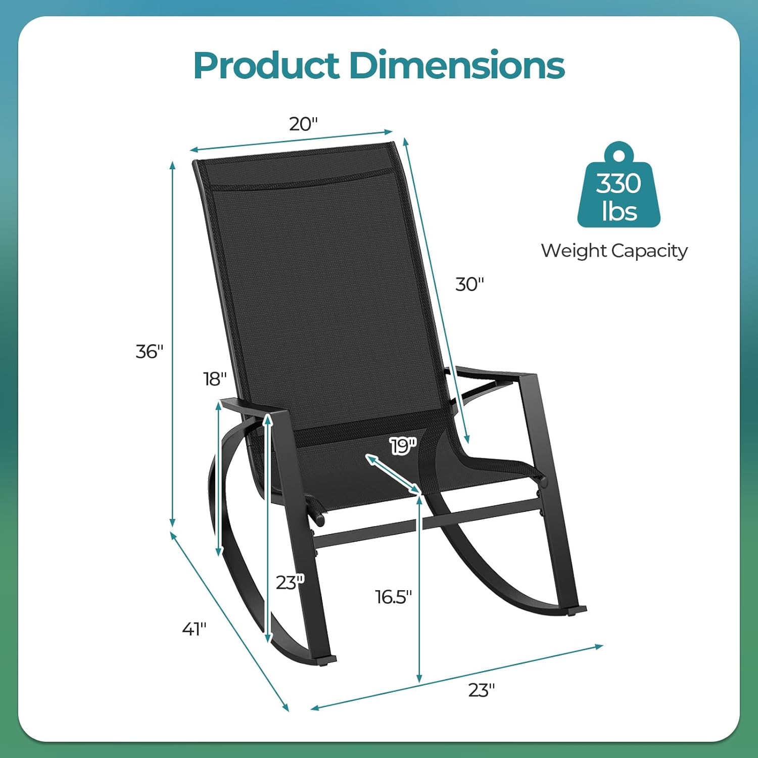 Tangkula Outdoor Rocking Chairs Set of 2, Patio Sling Fabric Rockers with Ergonomic Backrest & Seat, Safe Stoppers & Non-Slip Rubber Mats, Metal Frame Rockers for Backyard, Front Porch (Black)