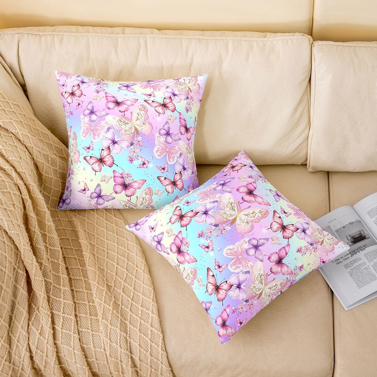 jejeloiu Cute Butterfly Throw Pillow Covers Set of 2 Butterflies Print Cushion Case Glitter Colorful Decor Pillowcase Dreamy Princess Indoor Outdoor Super Soft 18 x 18-Inch image 2