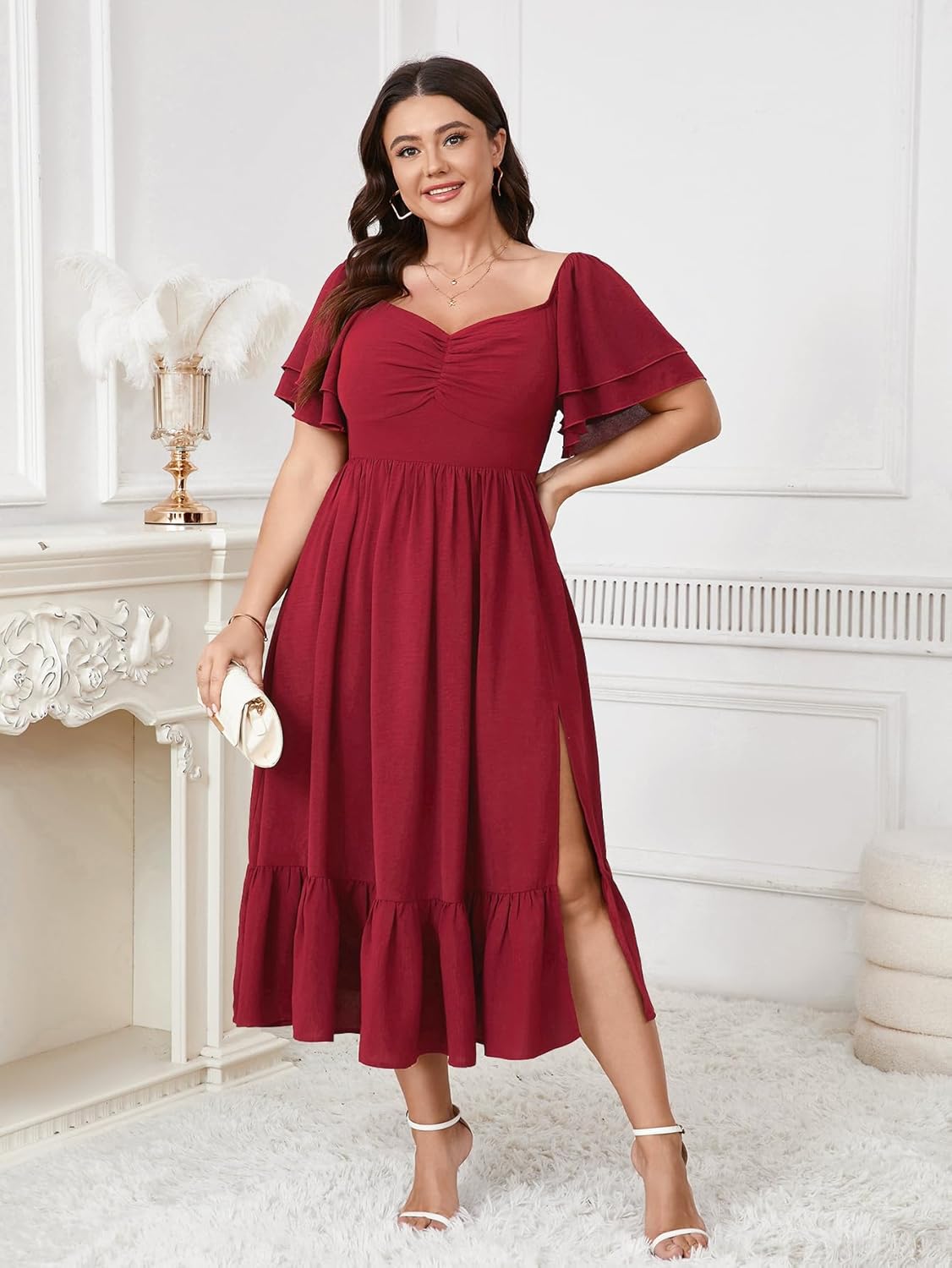 SCOMCHIC Womens Plus Size Wedding Guest Cocktail Dresses Sweetheart Neckline Short Sleeve Smocked Ruffle Slit Maxi Dress