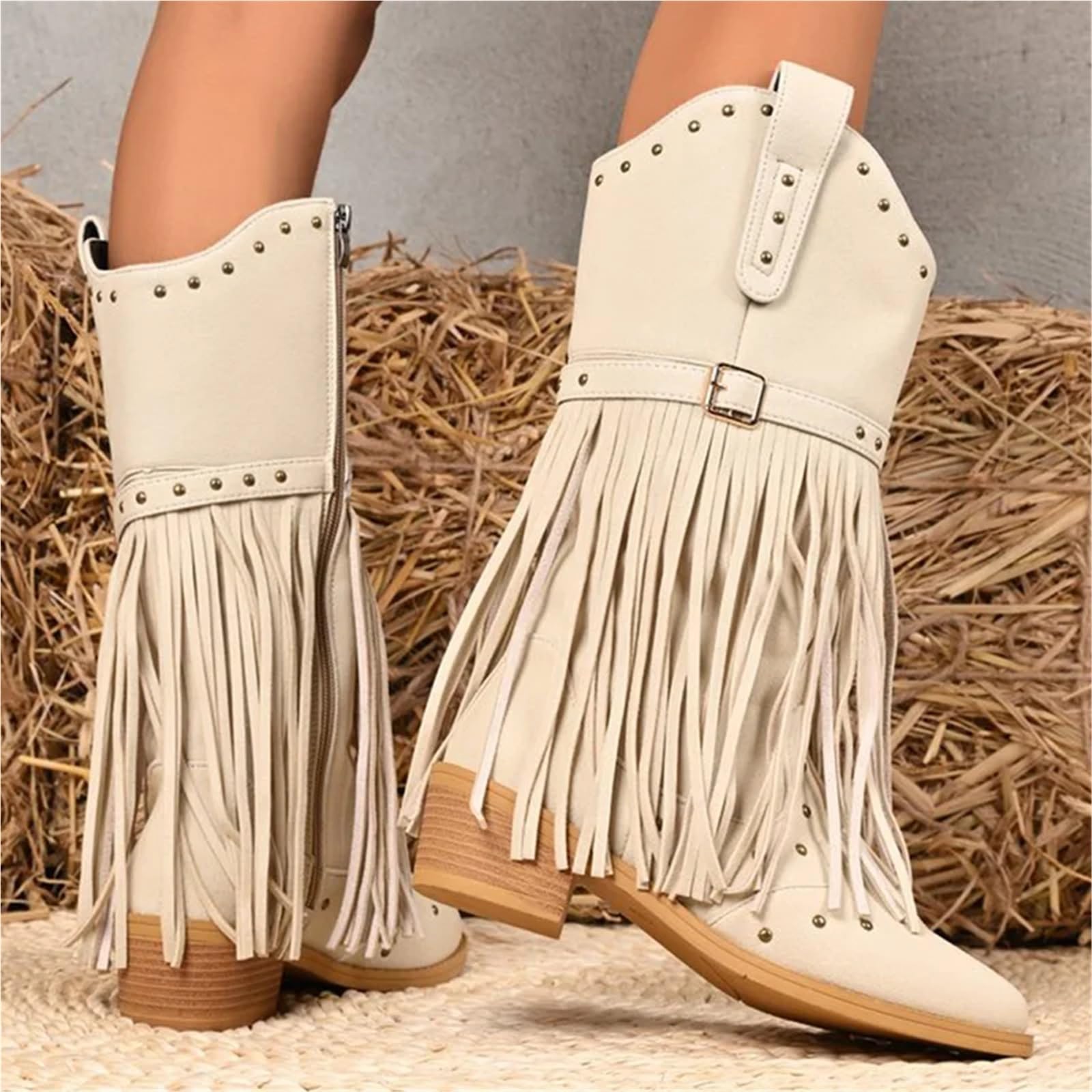Stivali Texani Donna Stivali con nappe stile street Donna Beige Taglie forti 36-43 a metà polpaccio for donna Punta a punta cerniera Botas femminile