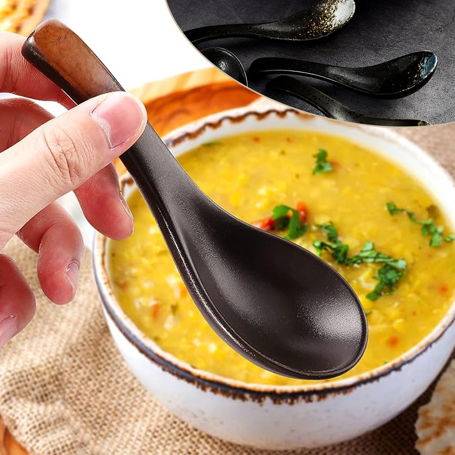 Set Di 5 Cucchiaio Cucchiaini In Ceramica, Cucchiai Da Minestra Cinesi Retrò, Cucchiai Da Ramen Asiatici, Cucchiai Da Zuppa Giapponesi, Creativo Stoviglie Cucina Per Wonton Pasta Caffè (Nero)